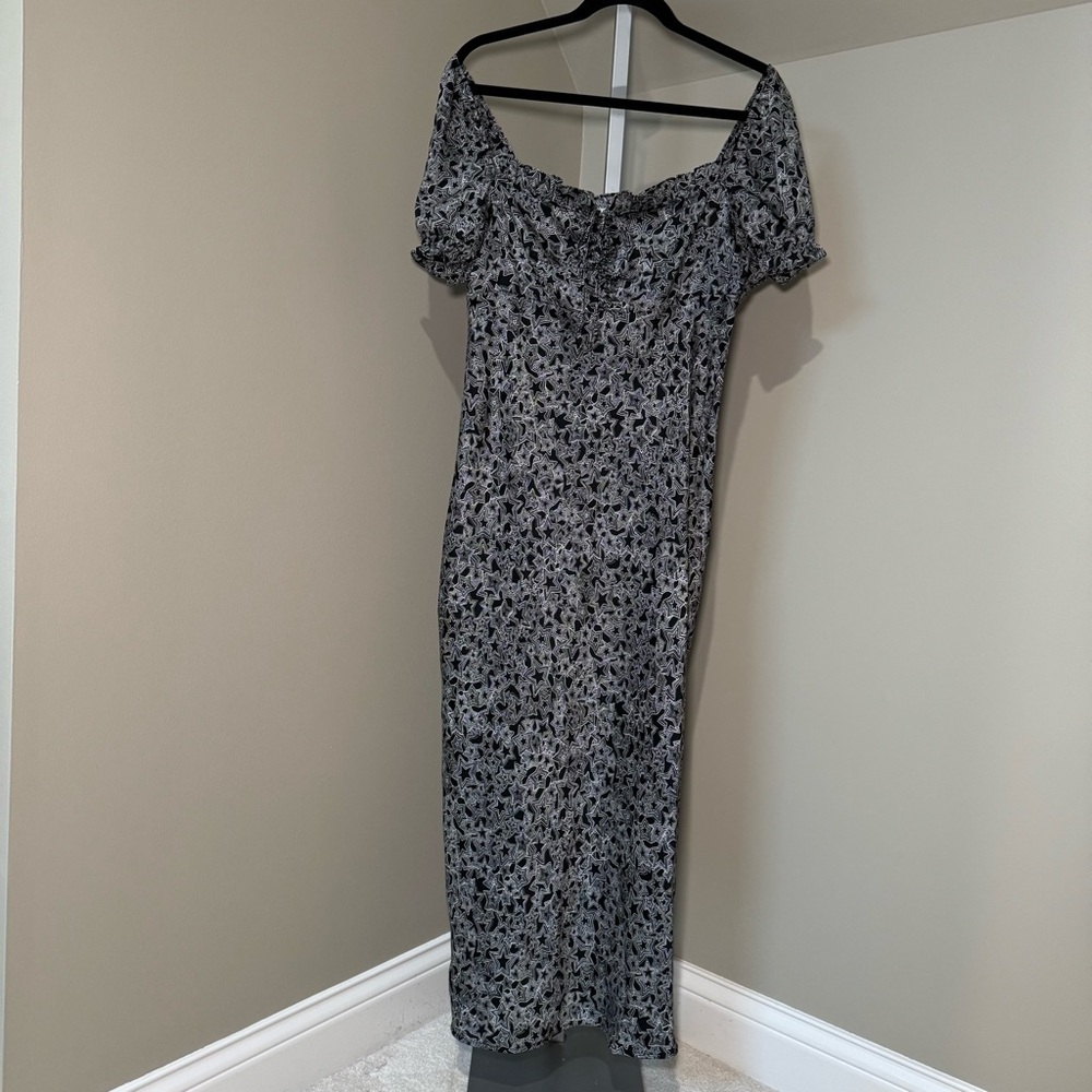 Topshop Womens Black White Star Print Milkmaid Midi Dress‎ Puff Sleeve US 10